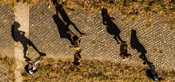 Students casting shadows on a path